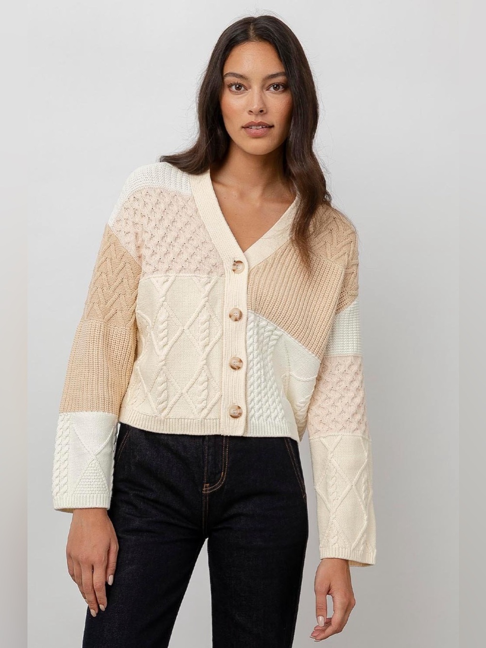Rails Reese Colorblock Mixed Stitch Cardigan Cream Patchwork Cable